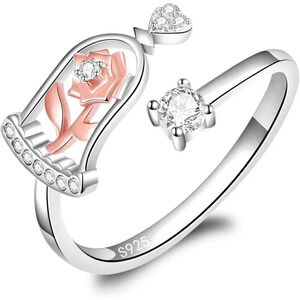 Women 925 Sterling Silver Adjustable  Rose Rings Jewelry Gifts